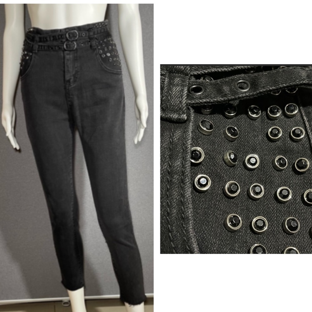EUC Riviera Black Studded Jeans with Unfinished Hem-Size 2-4